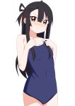  1girl absurdres black_hair blue_one-piece_swimsuit brown_eyes commentary_request competition_school_swimsuit covered_navel cowboy_shot flat_chest hands_on_own_chest highres koori_chikage long_hair nogi_wakaba_wa_yuusha_de_aru one-piece_swimsuit school_swimsuit simple_background solo standing swimsuit v-shaped_eyebrows white_background yamoiro yuusha_de_aru 
