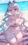  1girl bare_arms bare_shoulders beach bikini black_ribbon blue_eyes blue_hair blue_nails blue_sky breasts choker cleavage closed_mouth collarbone day expressionless fishnet_legwear fishnets front-tie_bikini front-tie_top hair_ribbon heart heterochromia highres horizon large_breasts leg_garter looking_at_viewer multicolored_hair nail_polish navel ocean original outdoors red_eyes red_hair red_nails ribbon ribbon_choker side-tie_bikini single_thighhigh sitting sky solo streaked_hair summer swimsuit thighhighs twintails white_bikini white_hair white_legwear yuzo 
