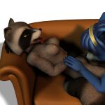 2009 3d_(artwork) accessory alpha_channel anthro areola black_hands black_nose blue_body blue_fur blue_hair breasts brown_body brown_fur canid canine charleyfox_raccoon cunnilingus digital_media_(artwork) duo facial_markings female female/female fox fur furniture gloves_(marking) green_eyes hair hair_accessory hairband head_markings krystal_(charleyfox) krystal_(star_fox) licking lying mammal markings mask_(marking) nintendo nipples on_sofa oral pink_areola pink_nipples procyonid raccoon salith sex sofa star_fox tongue tongue_out vaginal