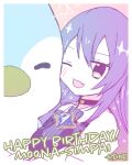  1girl artist_name bangs blush brown_eyes english_commentary fang hair_between_eyes happy_birthday highres hololive hololive_indonesia jacket long_hair moona_hoshinova off_shoulder one_eye_closed open_mouth pavolia_reine_(artist) purple_hair shoulders solo star_(symbol) white_jacket 