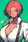  1girl babo bangs blue_eyes breasts bursting_breasts cleavage collared_shirt dark_skin dark_skinned_female dated giovanna_(guilty_gear) green_background guilty_gear guilty_gear_strive hair_over_one_eye highres large_breasts lips parted_bangs partially_unbuttoned red_hair shirt short_hair signature solo suspenders 