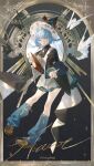  1girl :d absurdres aoseagrass bekki_(vtuber) black_hat black_sleeves blue_eyes blue_hair blue_socks book border brown_shoes chinese_commentary commentary_request copyright_notice dress full_body glasses grey_background hat highres holding holding_book index_finger_raised juliet_sleeves kneehighs legs_apart loafers long_sleeves looking_at_viewer loose_socks nijisanji official_art open_mouth ornate_border outstretched_arm pointing pointing_at_viewer puffy_sleeves round_eyewear shoes short_dress short_hair sixiwanzi smile socks solo sparkle tarot teeth the_high_priestess_(tarot) upper_teeth_only virtual_youtuber virtuareal white_dress 