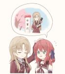  2girls abiko_hiromi arm_at_side arm_up arms_at_sides assault_lily belt black_ribbon blue_ribbon blue_sky blush bow breasts brown_background brown_hair brown_sailor_collar cherry_blossoms closed_mouth collarbone commentary_request crying crying_with_eyes_open detached_sleeves diploma_tube facing_another falling_petals flower flying_sweatdrops frilled_shirt frilled_sleeves frills graduation green_eyes green_streaks hair_ornament hair_ribbon hands_up headpat holding inoguchi_minto kanba_girls_high_school_uniform long_hair looking_at_another medium_breasts medium_hair motion_lines multicolored_hair multiple_girls neck_ribbon nose_blush open_mouth parted_bangs petals pink_bow raised_eyebrows red_belt red_flower red_hair red_ribbon red_rose red_shirt red_skirt ribbon rose sailor_collar school_uniform shibukawa_chie shirt sidelocks simple_background skirt sky sleeveless sleeveless_shirt smile speech_bubble standing star_(symbol) star_hair_ornament streaked_hair tears translated tree upper_body white_shirt x_hair_ornament 