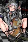  1girl absurdres animal_ear_hood bass_guitar between_legs blunt_bangs captive_bead_ring checkered_floor choker colored_eyelashes commentary_request cropped_hoodie earrings fingernails fishnet_socks fishnets green_eyes grey_hair hair_ornament hairclip heart highres hood hoodie instrument jewelry leg_tattoo locker long_fingernails low_twintails mary_janes multiple_rings nail_art nero_(jirojirorororn) o-ring o-ring_choker on_floor original piercing pink_nails ring shoes sidelocks sitting sleeves_past_wrists snakebite_(piercing) socks solo star_(symbol) sticker tattoo twintails white_eyelashes 