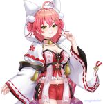  1girl absurdres ahoge animal_hood back_bow bell black-framed_eyewear black_bustier black_choker blush bow braid breasts bustier capelet cat_hood cherry_blossom_print cherry_blossoms chest_harness choker cleavage closed_mouth clothing_cutout commentary_request crop_top cross-laced_clothes cross-laced_shorts cross-laced_slit cross-laced_top falling_petals floral_print frilled_wrist_cuffs frills front_slit green_eyes hair_between_eyes hair_ornament hairclip half_up_braid harness highres hip_vent hololive hood hood_up huge_bow jingle_bell lace-trimmed_sleeves lace_trim large_breasts long_hair long_sleeves looking_at_viewer neck_bell nontraditional_miko official_alternate_costume official_alternate_hairstyle petals pink_hair red_shorts red_tube_top sakura_miko sakura_miko_(work) short_shorts shorts smile solo strapless tassel thigh_strap tongue tongue_out tube_top two_side_up virtual_youtuber wajuniorbox white_capelet white_sleeves wide_sleeves wrist_cuffs 