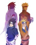  2boys age_progression arms_behind_head black_eyes black_hair black_headband blonde_hair blue_eyes blue_headband blue_shirt cowboy_shot facial_mark furrowed_brow hands_in_pockets headband highres holding holding_sword holding_weapon jacket jumpsuit konohagakure_symbol light_frown male_focus multiple_boys naruto_(classic) naruto_(series) naruto_shippuuden okbdko123 orange_jacket orange_jumpsuit orange_pants pants parted_bangs parted_lips pouch shirt short_hair shorts spiked_hair sword thigh_pouch uchiha_sasuke uzumaki_naruto weapon whisker_markings white_background white_shirt white_shorts white_sleeves 
