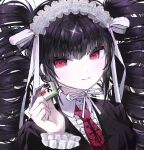  0ne_back 1girl bad_id bad_twitter_id black_hair black_jacket black_nails celestia_ludenberg claw_ring closed_mouth danganronpa:_trigger_happy_havoc danganronpa_(series) drill_hair frilled_hairband frills gothic_lolita hairband hand_up holding holding_mahjong_tile jacket lolita_fashion lolita_hairband long_hair long_sleeves looking_at_viewer mahjong_tile nail_polish neck_ribbon necktie red_eyes red_necktie ribbon smile solo sparkle twin_drills twintails upper_body white_hairband white_ribbon 