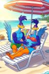 anthro avian beach beach_chair beach_towel beak belly_rub bikini bird bra breasts caressing_belly clothing couples cuculiform duo feathers female husband husband_and_wife intersex looney_tunes love male male/female married_couple muscular muscular_male new_world_ground_cuckoo panties parasol pregnant pregnant_anthro pregnant_female road_runner_(looney_tunes) roadrunner romantic romantic_couple sea sitting sun swimming_trunks swimsuit_only swimwear tail the_looney_tunes_show touching_belly towel two-piece_swimsuit underwear warner_brothers water wife