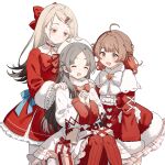  3girls :d absurdres ahoge artist_name behind_another beret blonde_hair blush bow bowtie box brooch brown_eyes brown_hair capelet chinese_commentary closed_eyes closed_mouth collared_dress colored_eyelashes commentary_request cowboy_shot dress earrings facing_viewer fur-trimmed_dress fur_trim gakuen_idolmaster gift gift_box gradient_hair grey_hair hair_bow hair_bun hair_ornament hairclip hanami_ume hands_on_another's_shoulders hat heart heart_brooch highres idolmaster jewelry kuramoto_china long_hair looking_at_another migolu multicolored_hair multiple_girls open_mouth orange_eyes own_hands_together pantyhose parted_bangs petticoat red_bow red_bowtie red_dress red_hair red_pantyhose shinosawa_hiro short_dress simple_background single_side_bun sitting smile standing stud_earrings swept_bangs twitter_username watermark white_background white_capelet white_dress white_hat 