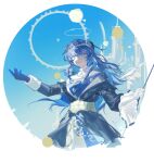  absurdres ambience_synesthesia arknights asymmetrical_dress asymmetrical_gloves asymmetrical_sleeves black_dress black_gloves black_horns blue_dress blue_eyes blue_hair brown_corset chinese_commentary collar commentary_request corset cropped_torso detached_collar dress gloves grey_halo halo highres holding_baton horns layered_dress lin_qing_(phosphorus_1104) long_hair looking_at_viewer mismatched_gloves mismatched_sleeves mostima_(arknights) mostima_(ethereal_harmony)_(arknights) official_alternate_costume parted_lips traditional_halo white_collar white_dress white_gloves wide_sleeves 