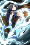 1girl bare_arms bare_legs black_hair blue_eyes blue_vest body_markings breasts chest_sarashi closed_mouth electricity electrokinesis full_body hair_tubes highres holding_harpoon hydrokinesis indoors large_breasts long_hair looking_at_viewer metal_hair_tubes nairda_180b6n navel open_clothes open_vest parted_bangs sadina_(tate_no_yuusha_no_nariagari) sarashi single_hair_tube smile solo stomach straight_hair tail-shaped_hair tate_no_yuusha_no_nariagari underboob vest water white_loincloth 