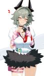  1girl 4kebidayo absurdres black_choker black_horns black_skirt breasts caesar_king_(zenless_zone_zero) choker cleavage commentary_request cosplay cowboy_shot four-finger_heart_hands green_hair heart heart_hands highres horns necktie prosthesis prosthetic_arm red_necktie shirt short_hair simple_background skirt smile solo sunna_(zenless_zone_zero) sunna_(zenless_zone_zero)_(cosplay) thigh_strap thighs white_background white_shirt white_wings wings zenless_zone_zero 
