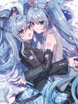  2girls :d absurdres balloon bare_shoulders black_shirt black_skirt black_sleeves blue_eyes blue_hair blue_nails blue_skirt blush cheek-to-cheek closed_mouth collared_shirt commentary_request danjou_sora detached_sleeves dual_persona from_side grey_shirt hatsune_miku hatsune_miku_(if) heads_together highres long_hair long_sleeves looking_at_viewer looking_to_the_side multiple_girls nail_polish plaid_clothes plaid_skirt pleated_skirt shirt skirt sleeveless sleeveless_shirt smile sparkle twintails very_long_hair vocaloid wide_sleeves 