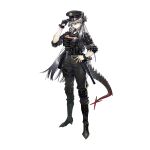  1girl adjusting_clothes adjusting_headwear arknights baton_(weapon) black_boots black_gloves black_hat black_pants black_shirt boots bulletproof_vest closed_mouth cuffs dragon_girl dragon_horns dragon_tail elbow_pads full_body gloves grey_hair hair_between_eyes hand_on_headwear hand_on_own_hip hat horns knee_boots knee_pads long_hair looking_at_viewer norizc official_alternate_costume official_art orange_eyes pants peaked_cap police police_hat police_uniform policewoman pouch saria_(arknights) shirt shoulder_pads single_glove sleeves_rolled_up solo standing tactical_clothes tail thigh_pouch third-party_source transparent_background very_long_hair walkie-talkie weapon 