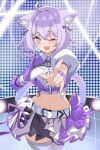  1girl ahoge animal_ear_fluff asymmetrical_clothes belt breasts center_frills commentary_request earl_grey_no_chaba frills hair_between_eyes highres hololive long_sleeves medium_breasts midriff navel nekomata_okayu one_eye_closed purple_eyes purple_hair purple_tail short_hair solo stomach sweat thighhighs white_belt white_thighhighs 