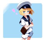  1girl :q bag blonde_hair blue_eyes blush commentary_request crossed_arms flat_chest hat heart highres looking_at_viewer o32_(omitsu) original peaked_cap sailor_collar short_hair shorts smile solo tongue tongue_out 