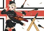  1girl ammunition blonde_hair blue_eyes blush braid cover cover_page cross doujin_cover elf explosive flat_chest grenade hat iron_cross jacket kagetora_(st._armadel_ch.) long_hair looking_at_viewer military_uniform open_clothes open_jacket open_mouth original pointy_ears reichsadler smile solo tank_shell thighhighs zettai_ryouiki 