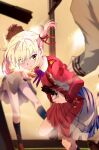  3girls black_socks blonde_hair blurry blurry_background bow brown_shoes dress gun highres holding holding_gun holding_weapon indoors lycoris_recoil multiple_girls nishikigi_chisato red_dress red_eyes school_uniform sengoku_chidori shoes short_hair socks solo_focus standing weapon 