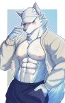 2023 5_fingers abs anthro baseball_cap big_muscles big_pecs blue_background blue_body blue_bottomwear blue_clothing blue_eyes blue_fur blue_pants blush blush_lines border bottomwear canid canine canis clothed clothing colored cool_colors countershading digital_drawing_(artwork) digital_media_(artwork) ear_tuft fingers fluffy front_view fur furgonomic_baseball_cap furgonomic_hat furgonomic_headwear furgonomics hand_in_pocket hat headgear headwear hi_res jacket looking_at_viewer male male_anthro mammal muscle_tone muscular muscular_anthro muscular_male navel nipples obliques open_clothing open_jacket open_topwear outline pants pecs pink_nipples pinup pockets portrait pose redd_fur shaded shirtless simple_background solo standing three-quarter_portrait topwear touching_face tuft white_baseball_cap white_body white_border white_clothing white_fur white_jacket white_outline white_sclera white_topwear wolf