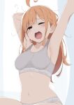  1girl absurdres armpits blush bra breasts calvin_klein commentary_request grey_bra grey_panties highres ikizulive!_love_live!_bluebird long_hair love_live! medium_breasts midocchi open_mouth orange_hair panties red_eyes round_teeth solo takahashi_polka teeth thighs underwear upper_teeth_only yawning 