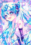  1girl :d absurdres blue_eyes blue_hair blue_necktie collared_shirt commentary_request detached_sleeves diamond-shaped_pupils diamond_(shape) eyelashes grid_background hair_between_eyes hair_ornament hatsune_miku hatsune_miku_(vocaloid4) headphones highres kuronohanpen long_hair long_sleeves miku_day necktie number_tattoo open_mouth ribbon-trimmed_sleeves ribbon_trim shirt shoulder_tattoo sleeveless sleeveless_shirt smile solo symbol-shaped_pupils tattoo teeth twintails upper_body upper_teeth_only v4x very_long_hair vocaloid white_shirt 