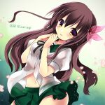  1girl blush breasts brown_hair character_name commentary green_sailor_collar green_skirt hair_between_eyes hair_ornament heart kamiyoshi_rika kantai_collection kisaragi_(kancolle) long_hair looking_at_viewer miniskirt navel own_hands_together parted_lips partially_unbuttoned pleated_skirt sailor_collar school_uniform serafuku short_sleeves simple_background skirt small_breasts solo 