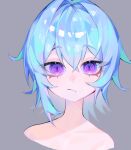  1girl asymmetrical_sidelocks blue_hair blush closed_mouth collarbone commentary_request cropped_shoulders crossed_bangs double-parted_bangs expressionless frown grey_background hair_between_eyes hair_flaps hair_intakes lower_eyelashes_only n._(plaw_01) nude original purple_eyes raised_eyebrows short_hair sidelocks simple_background slit_pupils solo tsurime 