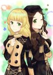  2girls bangs black_headwear black_jacket black_skirt blonde_hair blunt_bangs breasts brown_hair cabbie_hat commentary_request dorothea_arnault eyebrows_visible_through_hair fire_emblem fire_emblem:_three_houses garreg_mach_monastery_uniform green_eyes hand_up hat highres index_finger_raised ingrid_brandl_galatea jacket juliet_sleeves large_breasts long_hair long_sleeves looking_at_viewer multiple_girls otokajife puffy_sleeves skirt skirt_set smile upper_body 