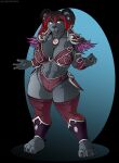  2021 abs anthro armor armwear big_breasts black_hair blizzard_entertainment breasts claws cleavage clothed clothing curvaceous curvy_figure ear_piercing ear_ring female finger_claws front_view fur grey_body grey_fur hair hi_res highlights_(coloring) huge_breasts jewelry legwear mammal necklace open_mouth pandaren piercing pink_eyes pinup planktonheretic pose red_highlights solo standing teeth thick_thighs thigh_highs toe_claws tongue ursid video_games voluptuous warcraft wide_hips 