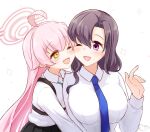  2girls ahoge black_hair blue_archive blue_necktie blush breasts cheek-to-cheek chest_harness collared_shirt commentary fang female_sensei_(blue_archive) halo harness heads_together hoshino_(blue_archive) large_breasts long_hair long_sleeves multiple_girls necktie one_eye_closed open_mouth pink_hair pink_halo purple_eyes rarasa sensei_(blue_archive) shirt simple_background smile untranslatable_commentary white_background white_shirt yellow_eyes 