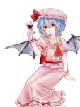  1girl arm_up ascot bat_wings blue_hair brooch center_frills closed_mouth collared_shirt commentary_request cup drinking_glass fang feet_out_of_frame frilled_cuffs frilled_shirt_collar frilled_sleeves frills hair_between_eyes hat highres holding holding_cup jewelry light_smile long_skirt looking_at_viewer mob_cap pink_hat pink_shirt pink_skirt pink_wrist_cuffs puffy_short_sleeves puffy_sleeves red_ascot red_eyes remilia_scarlet shirt short_hair short_sleeves simple_background sitting skirt solo touhou twisted_torso white_background wine_glass wings wrist_cuffs you_(xhs_11531511537) 