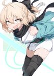  1girl :d ahoge black_bow black_sash black_scarf black_thighhighs blonde_hair blue_jacket blush bow commentary_request double-parted_bangs fate/grand_order fate_(series) feet_out_of_frame hair_between_eyes hair_bow hair_intakes highres jacket japanese_clothes kimono koha-ace long_sleeves looking_at_viewer obi off_shoulder okita_souji_(fate) okita_souji_(koha-ace) open_clothes open_jacket open_mouth outline sash scarf short_hair short_kimono sleeveless sleeveless_kimono smile solo standing thighhighs totomono white_kimono white_outline yellow_eyes 