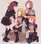  4girls :d ^_^ annette_fantine_dominic bag bangs black_bow black_footwear black_headwear black_jacket black_legwear black_skirt blonde_hair blue_eyes boots bow bracelet brown_capelet brown_hair cabbie_hat capelet closed_eyes comb combing commentary_request dorothea_arnault fire_emblem fire_emblem:_three_houses garreg_mach_monastery_uniform green_eyes grey_background hair_bow handbag hat highres holding holding_comb ingrid_brandl_galatea jacket jewelry knee_boots kneeling long_hair long_sleeves looking_at_another mercedes_von_martritz miniskirt multiple_girls noshima open_mouth orange_hair pantyhose short_hair simple_background sitting skirt skirt_set smile sparkle standing 