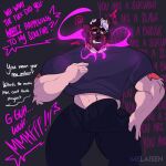 2023 absurd_res akita american_akita anthro arm_tuft bau_(melaisen) black_eyebrows black_eyewear black_glasses black_nose blue_clothing blue_shirt blue_t-shirt blue_topwear bodily_fluids bottomwear brown_body brown_ears brown_face brown_fur canid canine canis cel_shading clenched_teeth clothed clothed_anthro clothed_male clothing countershade_fur countershading dark_pants dialogue domestic_dog elbow_tuft english_description english_text eyebrows eyewear fully_clothed fully_clothed_anthro fully_clothed_male fur glasses growth hair hi_res hypnosis male mammal melaisen mind_control mouth_closed muscle_growth offscreen_character orange_body orange_fur pants pink_hair pink_text shaded shirt solo spitz sweat t-shirt teeth tenting text topwear tuft white_body white_countershading white_text