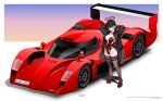  1girl absurdres arm_behind_head black_hair black_jacket black_thighhighs blue_archive breasts car english_commentary full_body highres jacket large_breasts leotard license_plate long_hair motor_vehicle open_clothes open_jacket race_queen race_vehicle racecar red_eyes rio_(blue_archive) rlayuta signature solo standing strapless strapless_leotard thighhighs toyota toyota_gt-one 