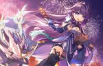  1girl absurdres aerial_fireworks bag black_boots boots chinese_commentary commentary_request dango fireworks food gauntlets highres holding holding_bag holding_food honkai_(series) honkai_impact_3rd japanese_clothes kimono long_hair looking_at_viewer mogu_kinoko night purple_eyes purple_hair purple_kimono raiden_mei raiden_mei_(xentinel:_dawnbearing_crescent) smile solo thighs very_long_hair wagashi white_unitard 