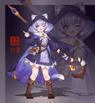  1girl ;d absurdres animal_ear_fluff animal_ears bare_shoulders belt belt_around_waist black_cape black_dress blue_eyes blue_hair book book_strap boots brown_belt brown_boots cape cat_ears cat_girl cat_tail chinese_commentary ci_wen_jian_bu_cun_zai colored_tips commentary_request dress ears_through_headwear full_body grimoire highres hood hood_up hooded_cape index_finger_raised lace-up_boots leather leather_belt leather_boots long_sleeves looking_at_viewer mage_staff multicolored_hair off-shoulder_dress off_shoulder one_eye_closed original puffy_long_sleeves puffy_sleeves shadow shirt short_hair sleeveless sleeveless_shirt smile staff starry_sky_print tail two-sided_cape two-sided_fabric two-tone_hair white_shirt witch zoom_layer 