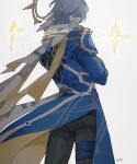  1boy armor black_pants blue_jacket book commentary_request cowboy_shot feathered_wings floating_clothes from_behind grey_hair halo halo_behind_head halo_downfall head_wings highres holding holding_book honkai:_star_rail honkai_(series) jacket long_sleeves male_focus pants paper_doll piercing scarf short_hair shoulder_armor simple_background solo standing sunday_(honkai:_star_rail) thigh_strap two-sided_fabric two-sided_jacket white_background white_scarf wing_piercing wings yellow_jacket 