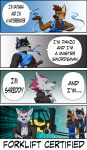  2021 accessory anthro canid canine canis clothed clothing comic dialogue elemental_manipulation english_text eyes_closed forklift fox group hair headband hi_res humor magic magic_user male mammal maned_wolf markings melee_weapon open_mouth sheathed_weapon shreddy_(shreddyfox) shreddyfox smile smirk sword text vehicle water water_manipulation weapon wide_eyed wolf 