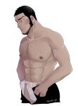  1boy abs bara black_hair black_pants blush buzz_cut chest_hair cropped_legs facial_hair fundoshi golden_kamuy hairy japanese_clothes large_pectorals male_focus mature_male muscular muscular_male navel navel_hair nipples nzo_(oishii_pie) open_pants pants shirtless short_hair sideburns solo stomach stubble tanigaki_genjirou thick_eyebrows very_short_hair white_male_underwear 