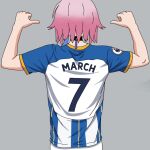  1girl brighton_&amp;_hove_albion_fc commentary_request from_behind grey_background honkai:_star_rail honkai_(series) march_7th_(honkai:_star_rail) name_connection oguricapuma1 pink_hair pointing pointing_at_self premier_league short_hair shorts simple_background soccer_uniform solly_march solo spanish_commentary sportswear two-tone_shirt white_shorts 