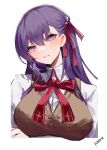  1girl absurdres arm_under_breasts artist_name bangs blush breasts collared_shirt commentary_request fate/stay_night fate_(series) hair_ribbon highres homurahara_academy_uniform hoshino_yuu_sama large_breasts long_hair looking_at_viewer matou_sakura neck_ribbon parted_lips purple_eyes purple_hair red_ribbon ribbon shirt simple_background smile solo upper_body white_background white_shirt 