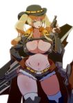  1girl areola_slip areolae azur_lane bangs bikini bikini_top black_bikini black_cloak black_footwear black_headwear black_shorts black_sleeves blonde_hair blue_eyes boots breasts byeontae_pikachu cleavage cloak commentary covered_nipples cowboy_hat cowboy_shot cutoffs detached_sleeves eyebrows_visible_through_hair finger_on_trigger flight_deck groin gun hand_on_hip handgun hat highleg highleg_bikini highres holding holding_gun holding_weapon hornet_(azur_lane) large_breasts long_hair looking_at_viewer micro_shorts midriff navel open_mouth pistol rigging short_shorts shorts sidelocks simple_background skindentation solo standing swimsuit thigh_boots thighhighs twintails very_long_hair weapon weapon_request white_background white_legwear yellow_belt 