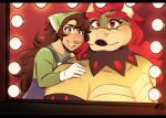 2026 2_horns anthro armband artist_logo beatrice_(feeniroir) bent_arm big_nose black_armband black_lipstick black_neckwear blue_clothing blue_eyes blue_overalls bowser brown_hair closed_frown clothing colored crossgender dialogue_in_description digital_drawing_(artwork) digital_media_(artwork) duo english_description eyelashes eyeshadow fangs feeniroir female female/female female_human frown gloves green_clothing green_headkerchief green_kerchief green_shirt green_topwear hair hand_on_shoulder handwear headgear headkerchief headwear hi_res horn human inside kerchief koopa larger_anthro larger_female light light_bulb lighting lipstick logo long_hair looking_at_viewer luigi luisa_(feeniroir) makeup mammal mario_bros mirror mouth_closed mtf_crossgender multicolored_body multicolored_scales nintendo overalls red_eyeshadow red_hair red_wall reflection scales scalie shaded shirt short_horn size_difference small_horn smaller_female smaller_human smile smiling_at_viewer sparkles sparkling_eyes standing tan_body tan_horn tan_scales teeth toothy_smile topwear wall_(structure) white_clothing white_gloves white_handwear yellow_body yellow_scales