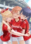  3girls :d ^_^ absurdres blonde_hair blue_hair closed_eyes commentary_request grin group_hug hair_bun hair_ornament hasu_no_sanrenka highres hinoshita_kaho hug kobassy link!_like!_love_live! love_live! multiple_girls murano_sayaka open_mouth orange_hair osawa_rurino outdoors photo_background ponytail red_shirt shirt short_sleeves shorts single_hair_bun smile soccer_uniform sportswear virtual_youtuber white_shorts x_hair_ornament zweigen_kanazawa 