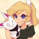  1girl absurdres artist_self-insert black_scarf black_shirt blonde_hair blue_eyes cheek-to-cheek closed_mouth collarbone commentary english_commentary extra_arms fangs hand_puppet heads_together highres looking_at_viewer nelly_(xyronii) one_eye_closed original pointy_ears ponytail puppet scarf shirt short_sleeves xyronii yellow_background 