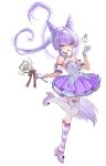  1girl :d absurdres ankle_bow asymmetrical_legwear bare_shoulders blue_eyes bow bow_legwear breasts cone_hair_bun detached_collar detached_sleeves double_bun dress fang floating_hair footwear_bow frilled_gloves frills full_body garter_straps gloves hair_between_eyes hair_bun hair_intakes hair_ornament hairclip hand_up hashtag-only_commentary heart heterochromia high_heels highres holding holding_wand kneehighs layered_dress layered_skirt leg_up long_hair looking_at_viewer magical_girl mismatched_legwear open_mouth pink_bow pleated_dress pleated_skirt puffy_detached_sleeves puffy_short_sleeves puffy_sleeves purple_hair purple_shoes purple_skirt purple_socks shoes short_sleeves sidelocks simple_background single_kneehigh single_sock single_thighhigh skirt smile socks solo standing standing_on_one_leg stellive strapless strapless_dress striped_clothes striped_socks striped_thighhighs tachi-e tail tenko_shibuki thighhighs transparent_background twintails very_long_hair wand white_background white_gloves white_thighhighs yamu_(yamu_030) yellow_eyes 