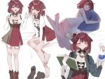  1girl :d atelier_(series) atelier_sophie bare_legs barefoot blush book boots brown_boots brown_eyes commentary_request dress flask flower hair_flower hair_ornament hair_ribbon high-waist_skirt highres holding holding_book holding_flask jacket medium_hair multiple_views open_clothes open_jacket planbi red_hair ribbon round-bottom_flask skirt smile sophie_neuenmuller unworn_boots white_dress 