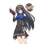  1girl bird black_dress black_gloves black_hair blue_dress blue_eyes book breasts dress gloves hair_between_eyes half_gloves holding holding_book kusaka_souji large_breasts long_hair long_sleeves marina_sophia multicolored_dress off-shoulder_dress off_shoulder owl smug tiara uchi_no_hime-sama_ga_ichiban_kawaii 