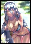  1girl azura_(fire_emblem) blue_hair breasts fire_emblem fire_emblem_fates hands_on_own_chest highres jewelry large_breasts long_hair necklace open_mouth outdoors swimsuit swimwear takecha upper_body veil yellow_eyes 